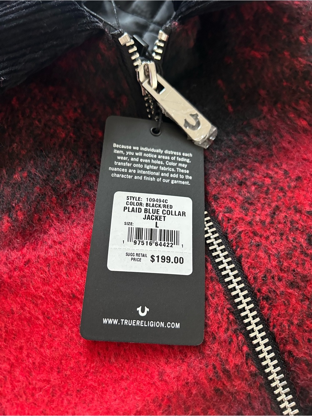 True Religion Red and Black Plaid Logo Jacket